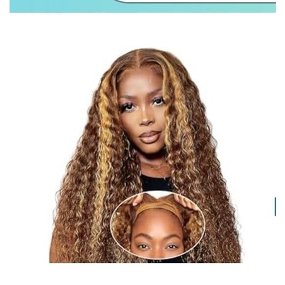 Honey brown Blond Highlight HUMAN HAIR CURLY Wig. Glueless pre cut lace front - Picture 2 of 8